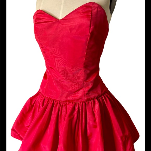 Vintage 80s Red Taffeta Tiered Full Skirt Bow Prom Cocktail Party Dress XS - Picture 3 of 6